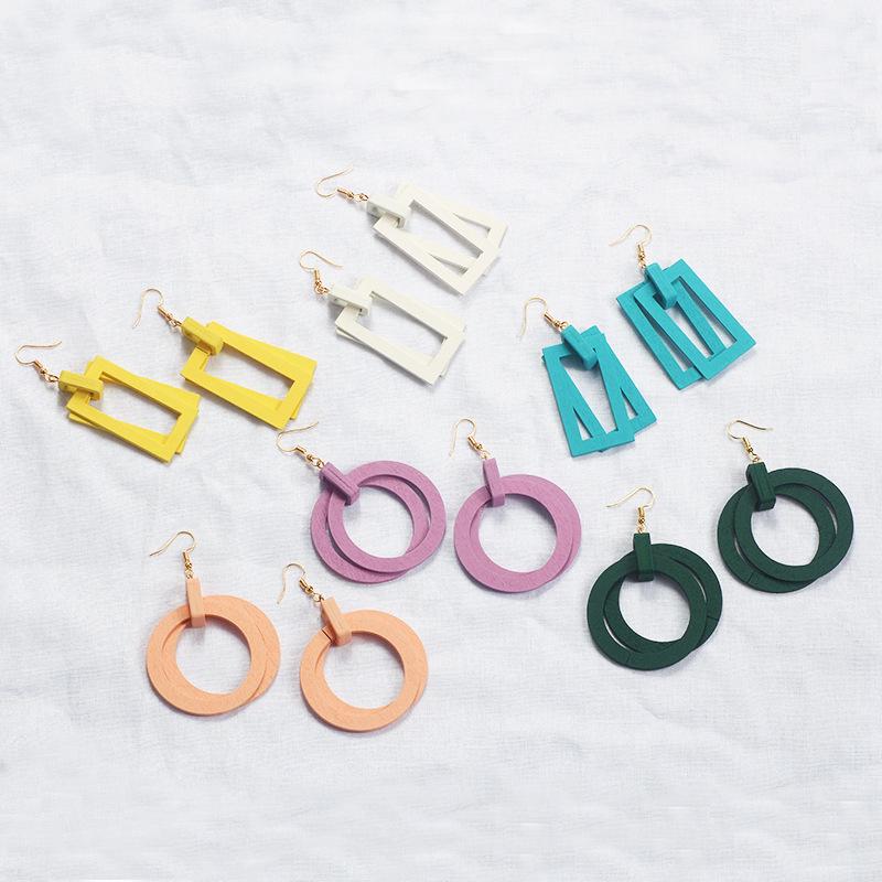 

Korean Minimalist Geometric Wooden Stud & Dangle Earrings for Women