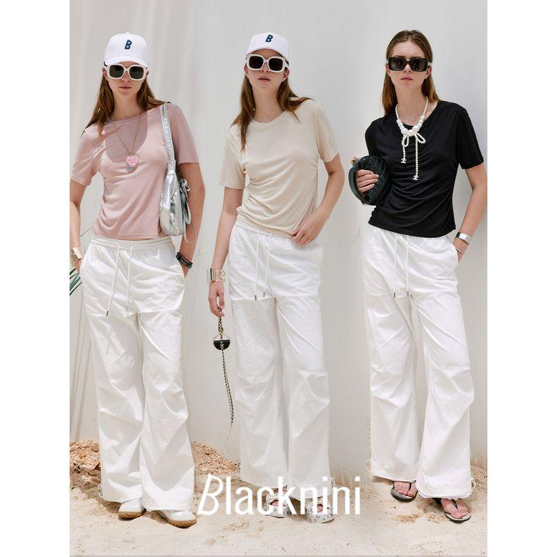 Blacknini (Three Colors) "Smooth T" High Density Mulberry Silk Smooth Elastic Waist-Tightening Short Sleeve T-shirt Top