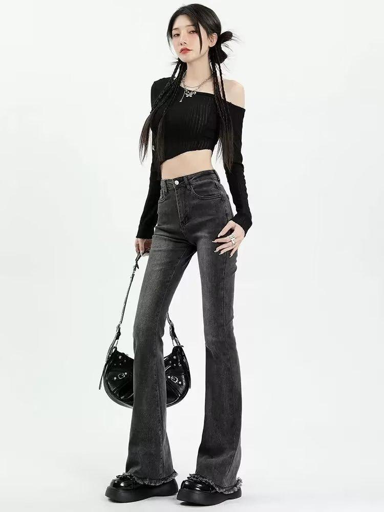 

Pear-Shaped Micro-Flare Jeans: Women s High-Waisted, Slimming, Frayed Bell Bottoms for Spring/Autumn 2025 XXL