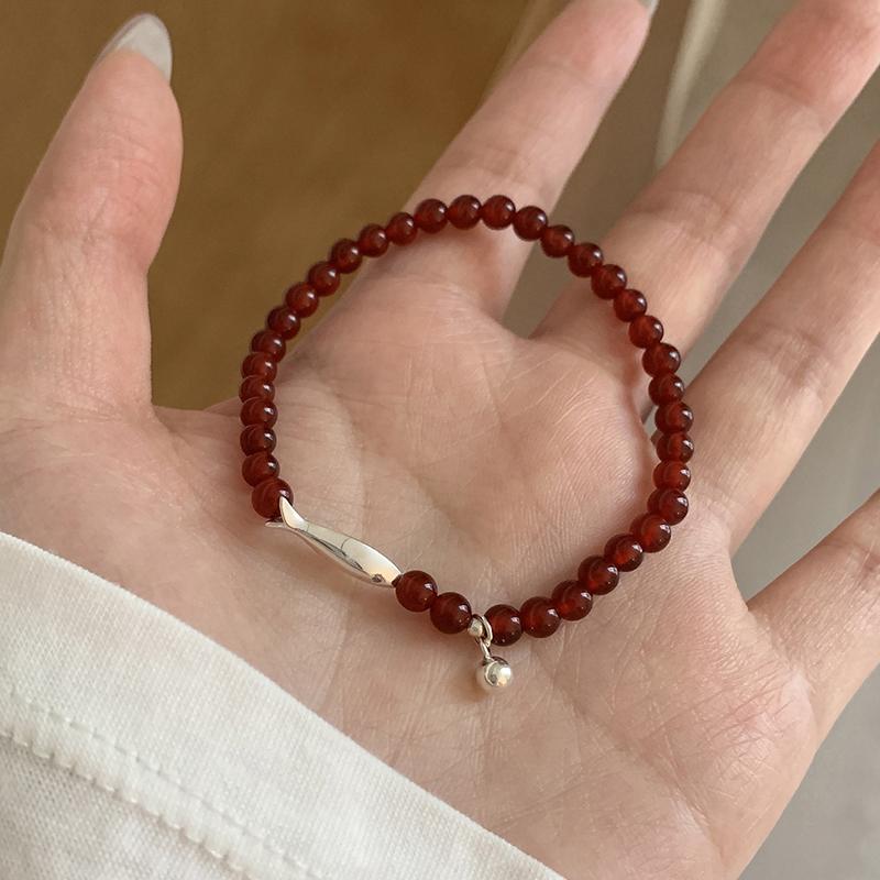 PANJBJ 925 Sterling Silver Red Agate Bead Bracelet for Women Fish Shape Retro Bead Design Versatile Jewelry Gifts Dropshipping