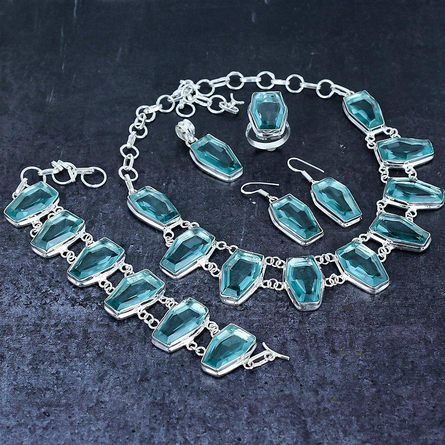 Aqua Apatite Gemstone Handmade 925 Sterling Silver Jewelry Set Y7o78