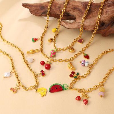 Colorful Fruit Pendant Clavicle Chain - Cherry & Strawberry Layering Necklace for Women