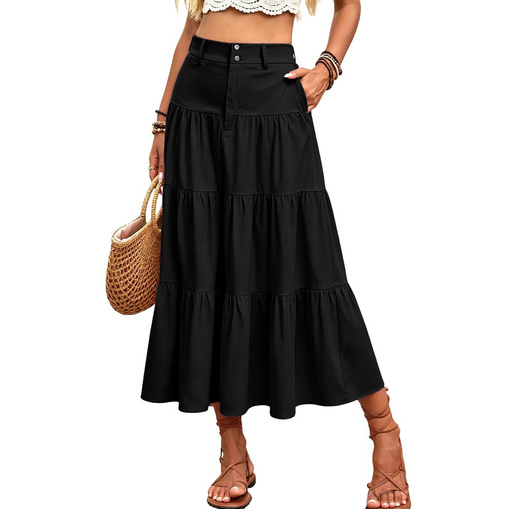 Damen Maxi-Rock mit hohem Bund und mehreren Lagen Knopfleiste Lässiger langer Rock mit Taschen Leichter weicher Stoff Bequeme Passform