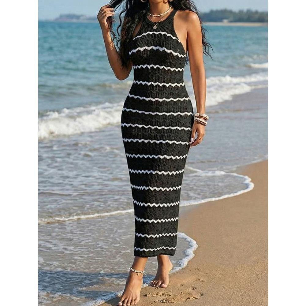 Sexy and Hot Sleeveless Top Dress with Open Stripes, Beach Cover-up, Full-skirted Dress for Women