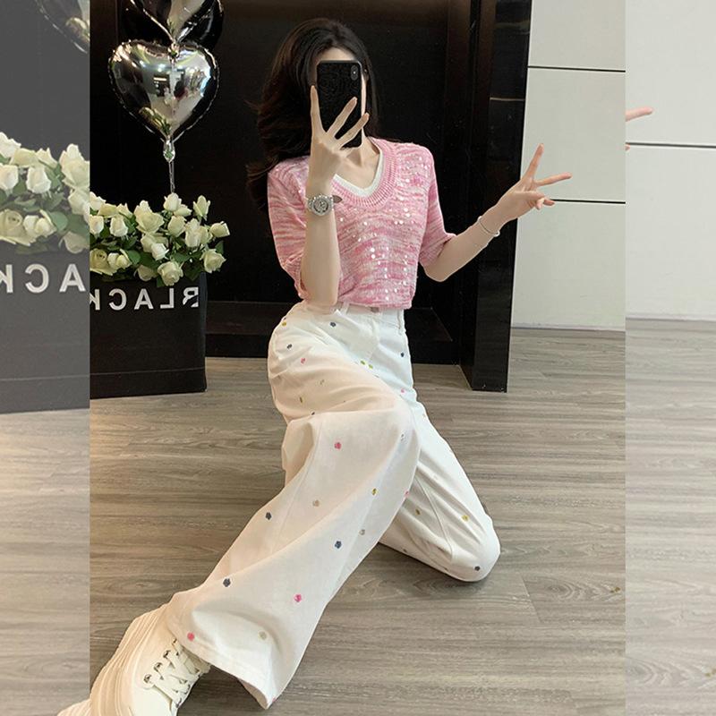 Autumn and winter Korean straight small white floral embroidered jeans women's loose casual versatile wide-leg pants