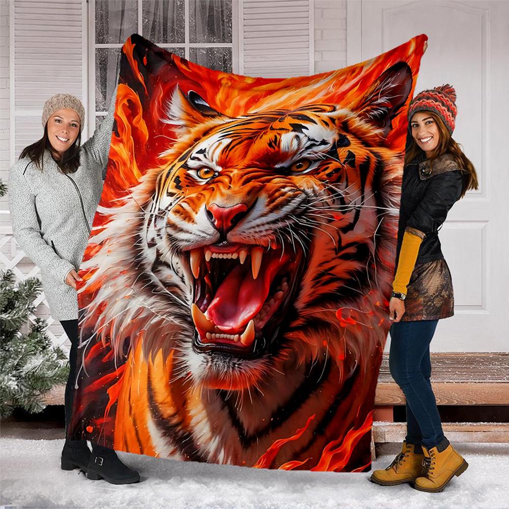 1pc Tiger Flames Print Outdoor Blanket, Lightweight Polyester,