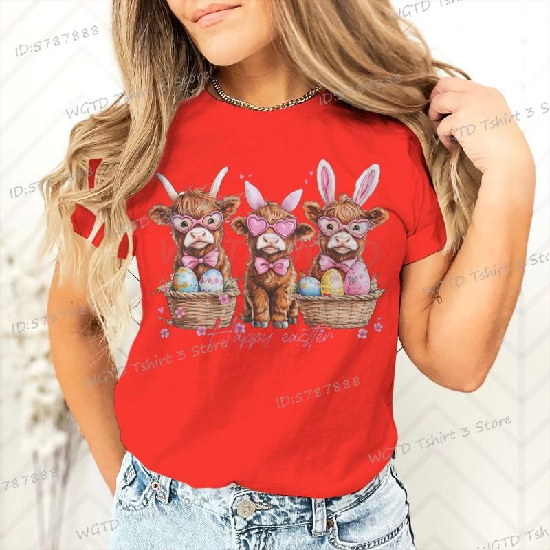 Frohe Ostern T-Shirt Damen Ostern Niedlich Highland Kuh Grafik T-Shirts Damen Niedliches Kuh Geschenk für Frauen Retro Oster-Vibes Shirt