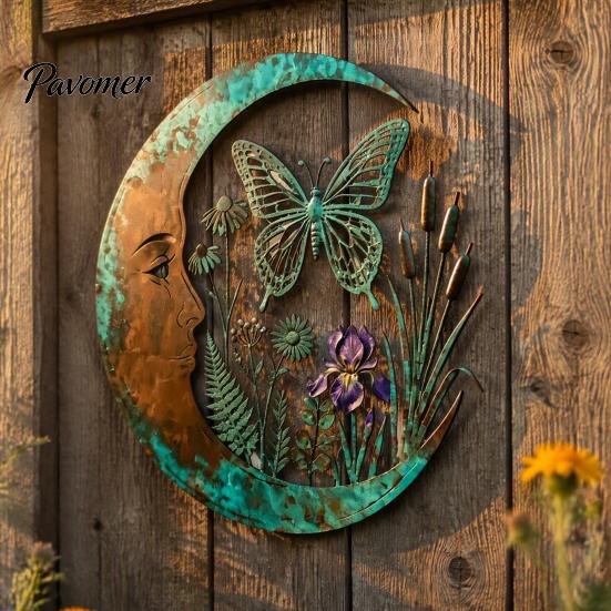 Durable Metal Craft for Garden Vintage Crescent Moon Wall Art, Fairy Witch Bee Dragonfly Iron Hanging Rustic Turquoise Home Accents Decor, Sculpture