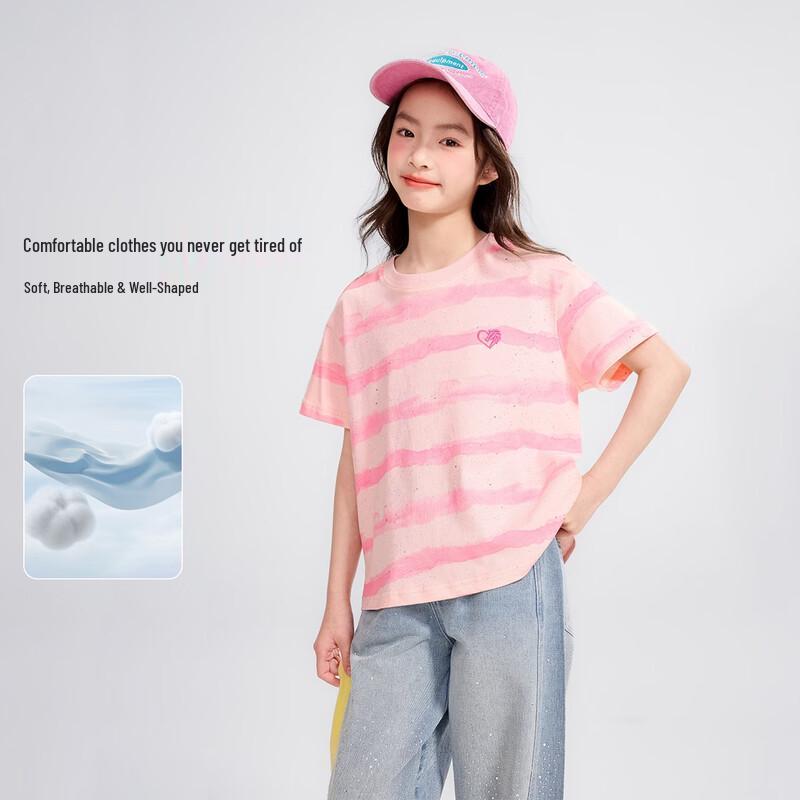 Princess Yuanyuan Girls' Pink Striped Heart Print Short Sleeve T-Shirt