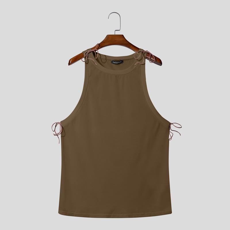 

INCERUN Men Strap Sleeveless Lace-up Hollow Out Casual Tank Tops Undershirts XL коричневый