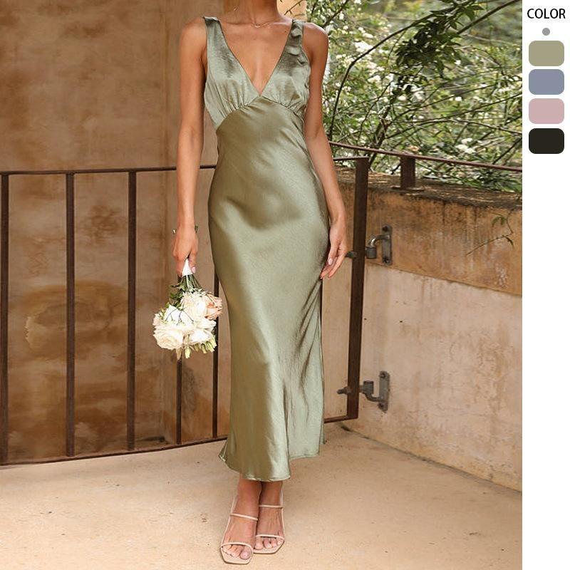 European and American Women Clothes New Sexy Deep V Backless Fashion Slim Fit Mid-Length Skirts Sling Dress Women