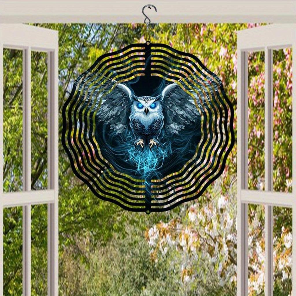 3D Hanging Garden Wind Chime Metal Wind Spinner with Ice Blue Phantom Owl Pattern for Outdoor Yard Decoration No Power Required