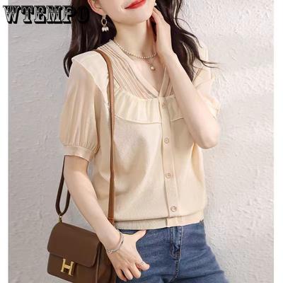 Women's Knitted T-shirt V-neck Ice Silk Short Sleeve Versatile and Fashionable Top for Women