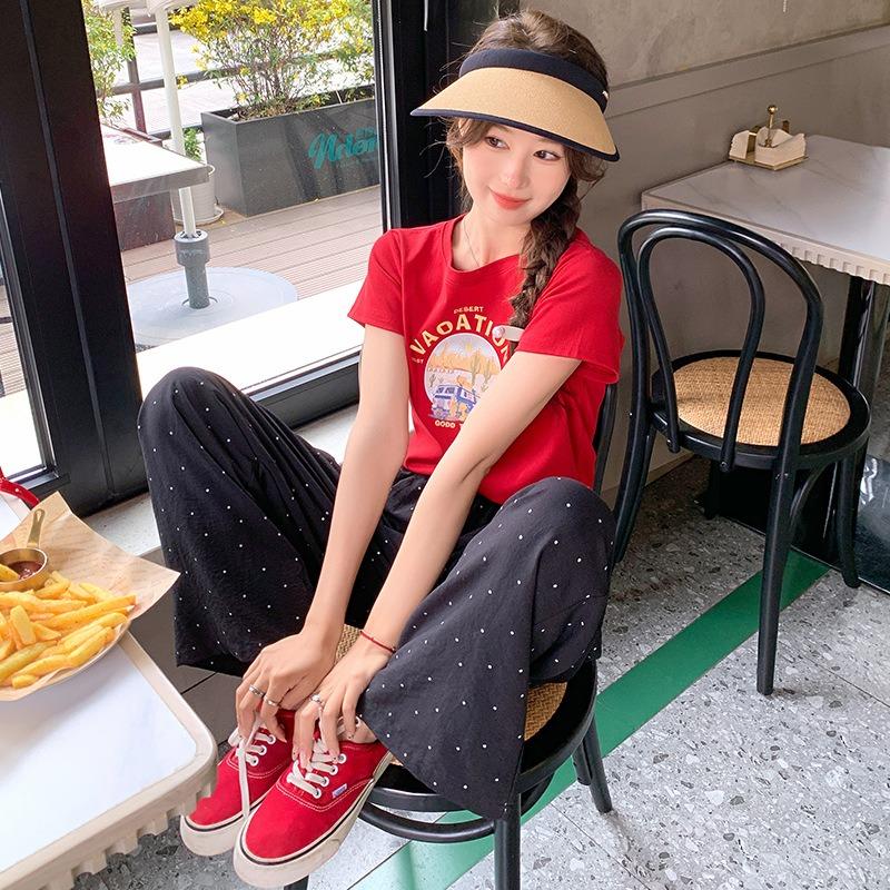 Ice silk polka dot wide-leg pants women's summer new casual thin small cool pants straight mopping pants