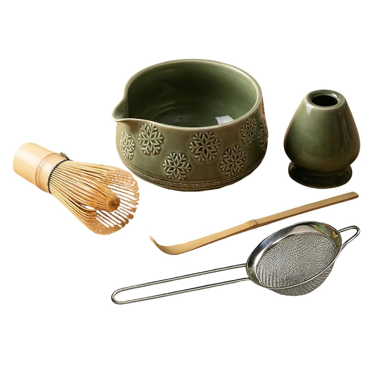 

Matcha Whisk Set - 5Pcs Snowflake Matcha Set Includes 18.5oz/550ml Chawan with Spout, Bamboo Chasen Whisk with Ceramic Holder зелёный