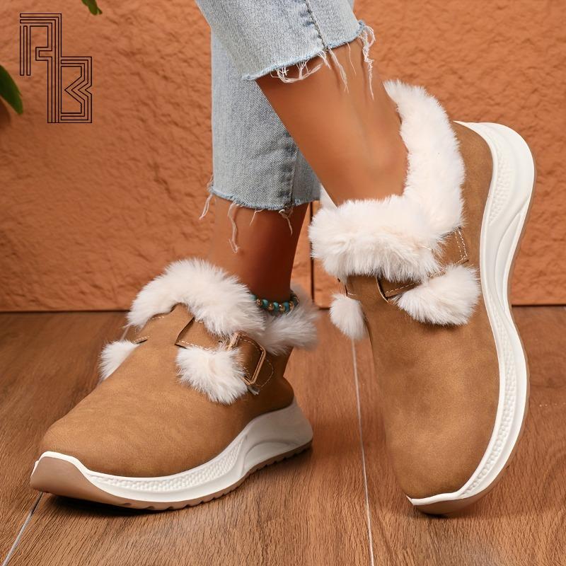 Winter Women's Fashionable and Versatile Thick Soled Fluffy Cotton Shoes, New Buckle Strap Snow Boots