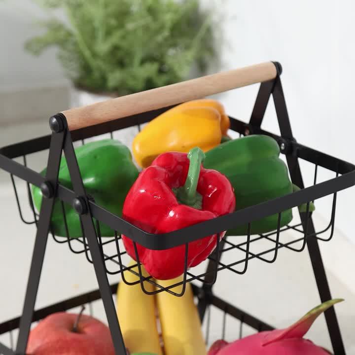1pc 2/3 Tiers Storage Basket Countertop for Bathroom, Basket Bowl Stand Detachable Metal Wire Basket with Wooden Handle for Bathroom Storage Rack