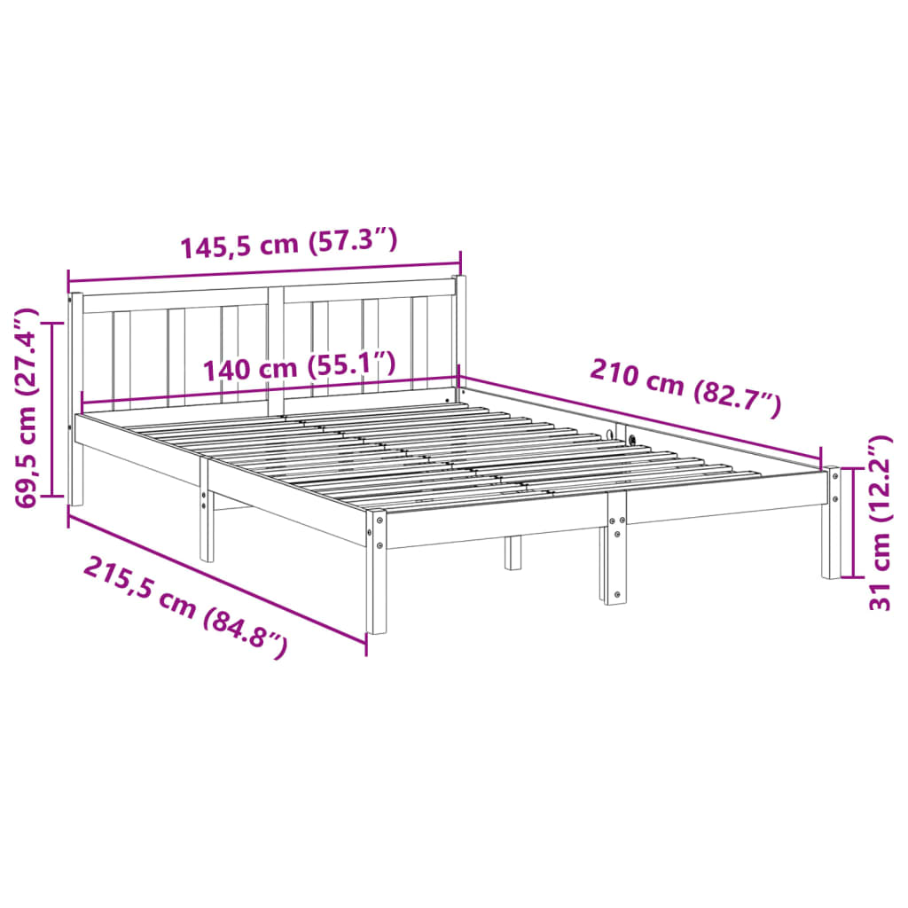 Solid Wood Bed Extra Long without Mattress 140x210 Pine Wood