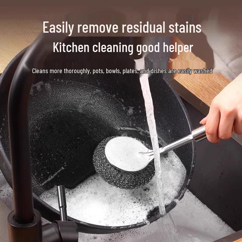 Long Handle Stainless Steel Pot Brush with Non-Shedding Steel Wool