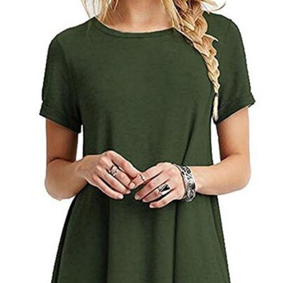 O-neck Stretchy Loose Hem Mini Dress Solid Color Short Sleeve Lady Dress for Daily Wear