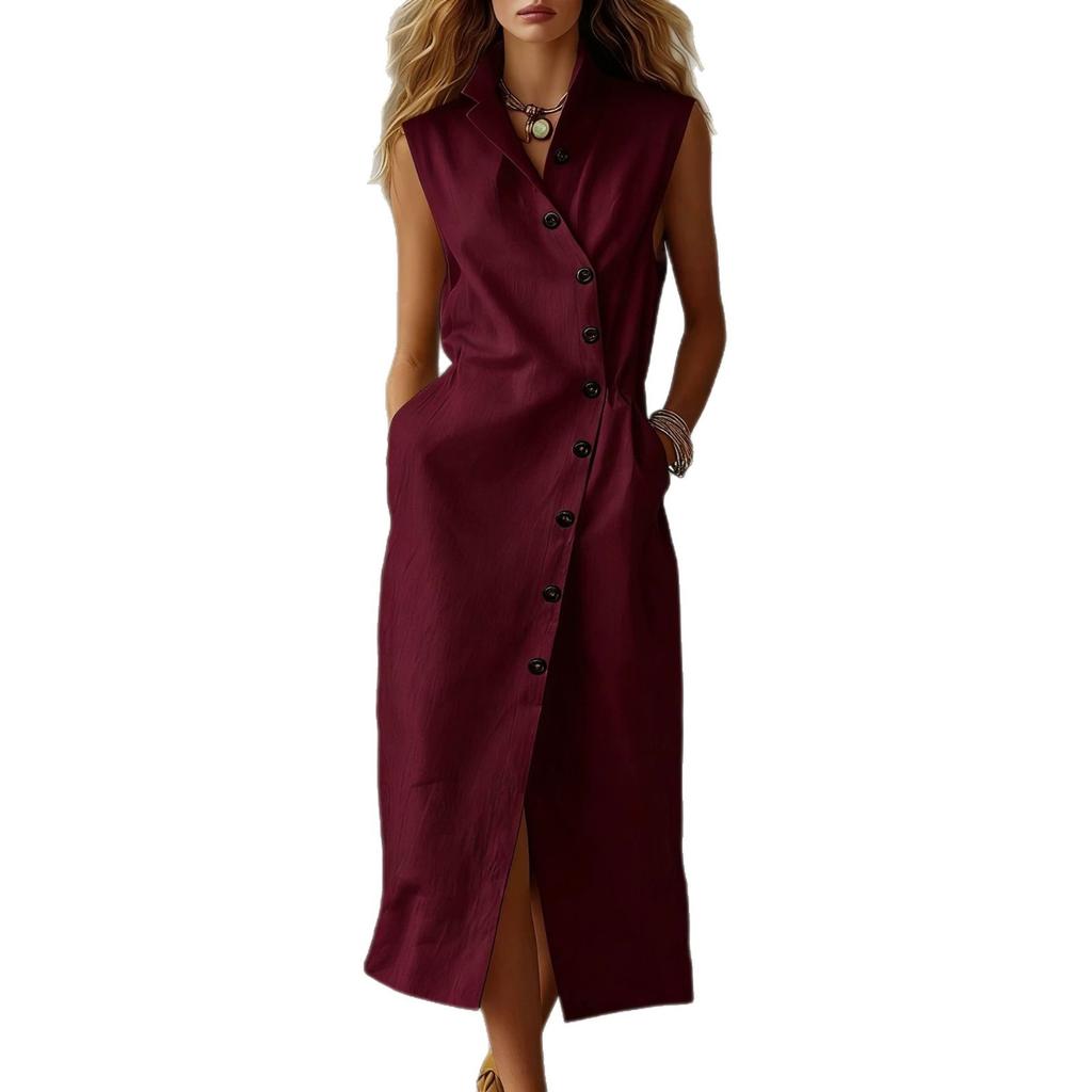 Simple style sleeveless dress, lapel diagonal breasted breathable loose long dress