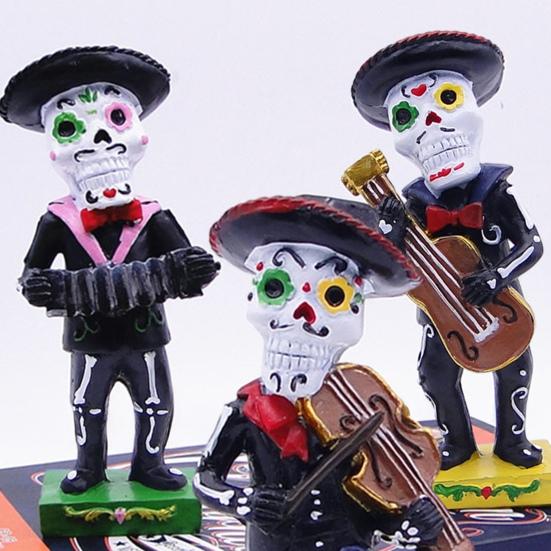 Black Mariachi Band Skeleton Statue Halloween Day of The Dead Skull Figurine Resin Collectible Folk Musician Players Ornament for Home Decor