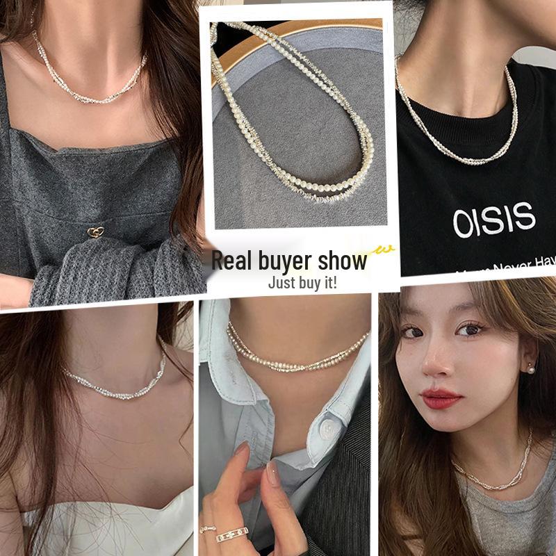 Double Layer Shredded Silver Pearl Necklace - Elegant Women's Clavicle Chain, Versatile Fashion Accessory, French Retro Style