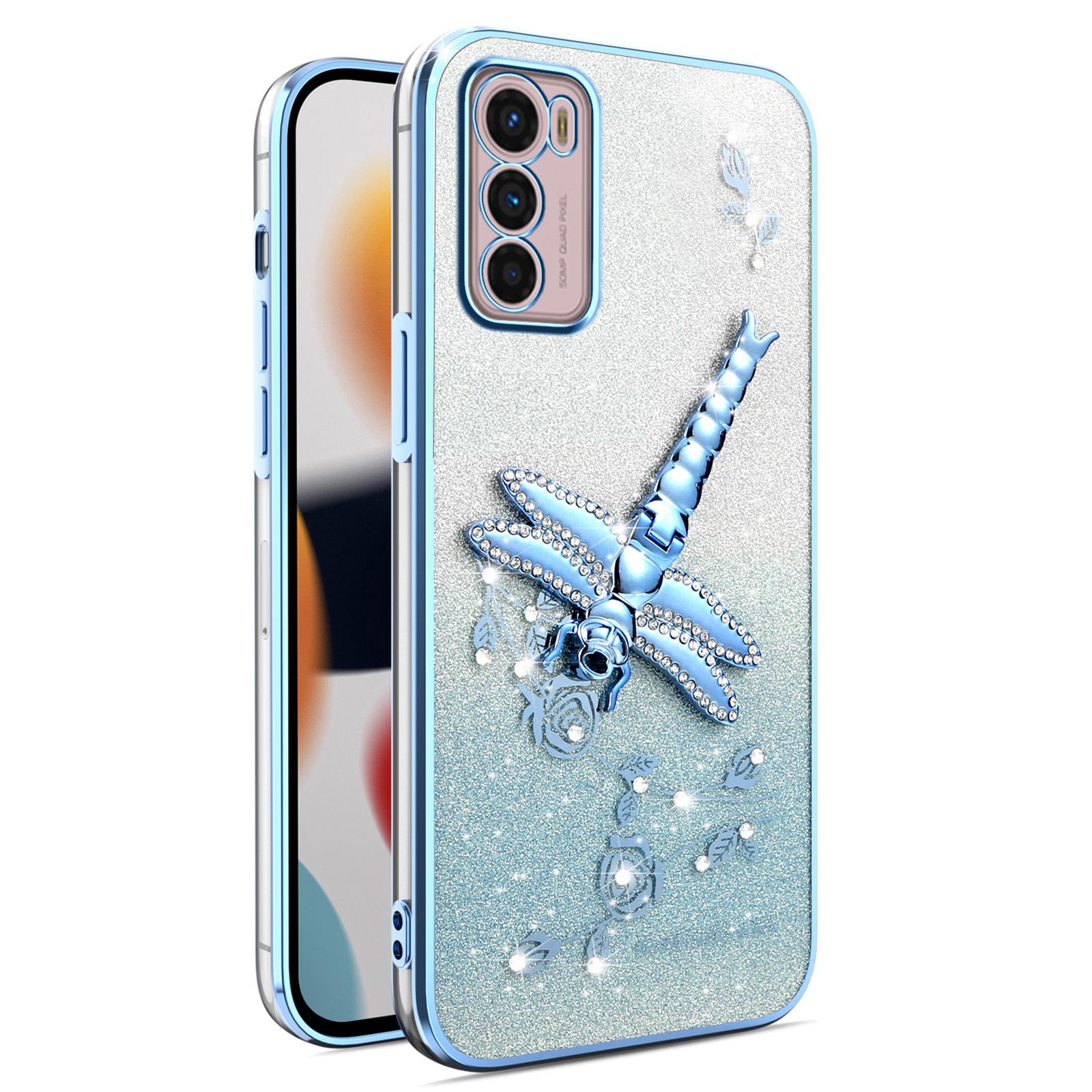 

For Motorola Moto G42 4G Case Dragonfly Kickstand TPU Flowers Glitter Phone Cover Blue