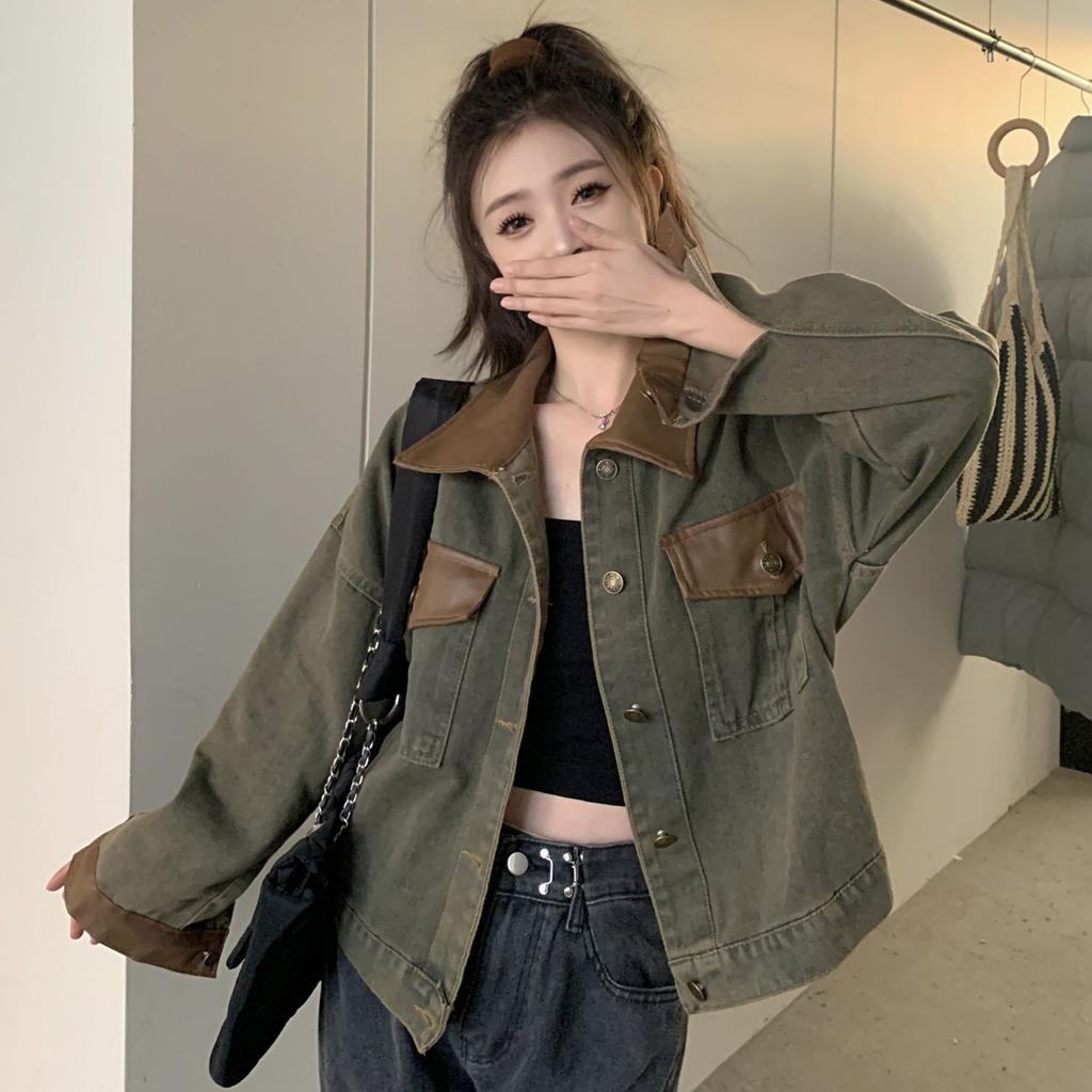 Women's American Retro Trendy Sweet & Edgy Color-Block Cargo Denim Jacket Korean Style Loose Casual Versatile Jacket for Autumn