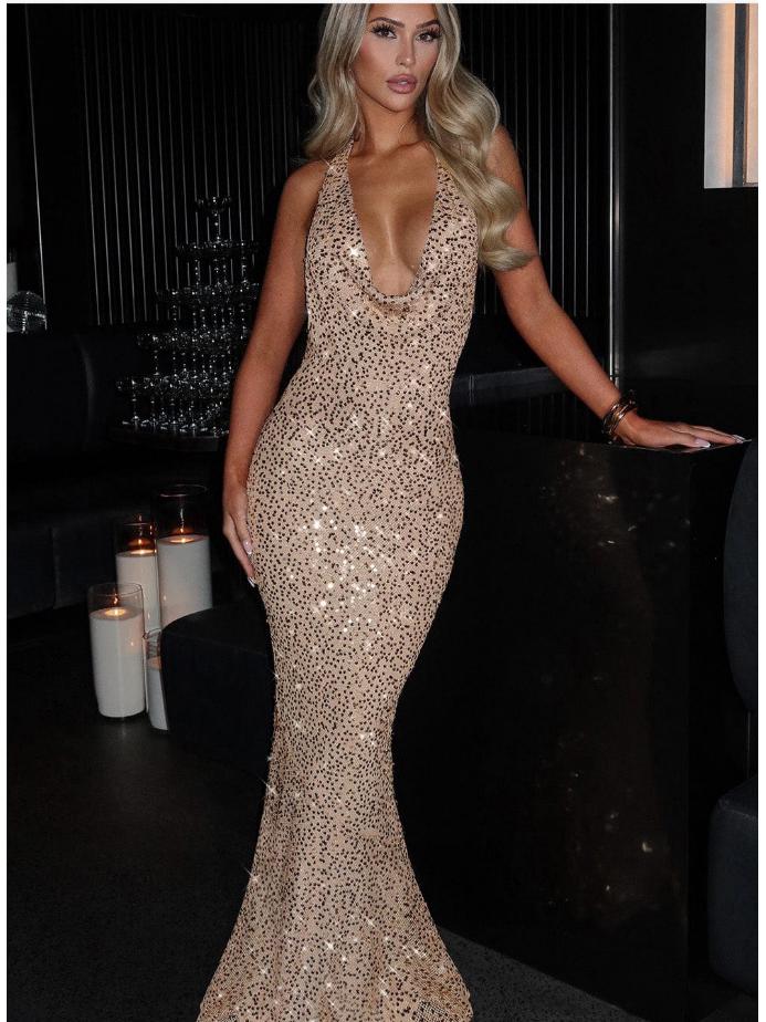 2024 Winter Women's Fashion Sequin Halter Deep V Bodycon Dress - Sexy Slimming Micro Backless Long Dress