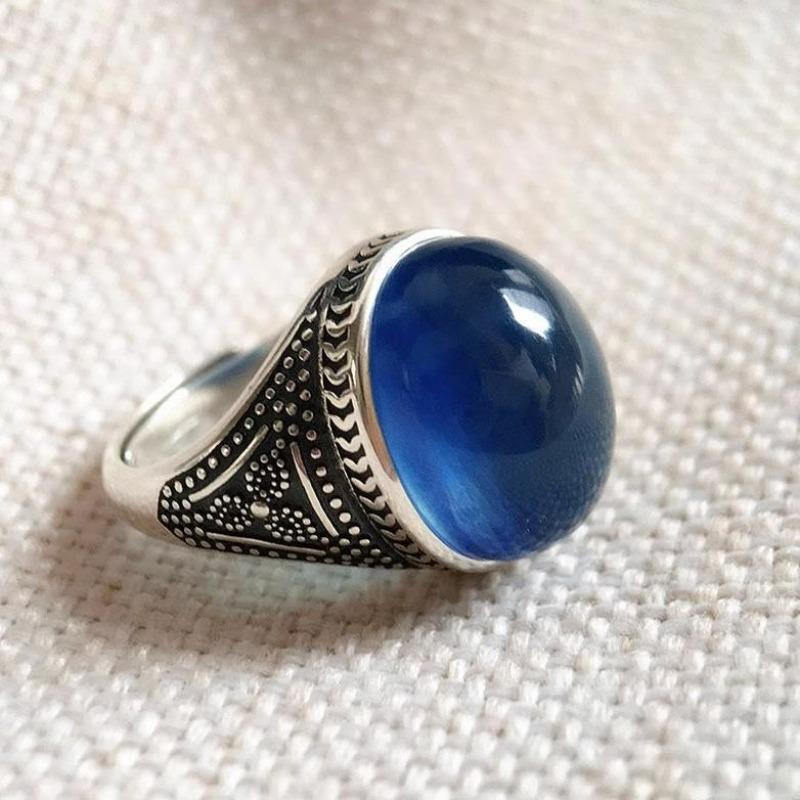 Niche Personalized Ice Lake Blue Sea Blue Treasure Ring Handmade Retro Design Exquisite Ring Women's/men's