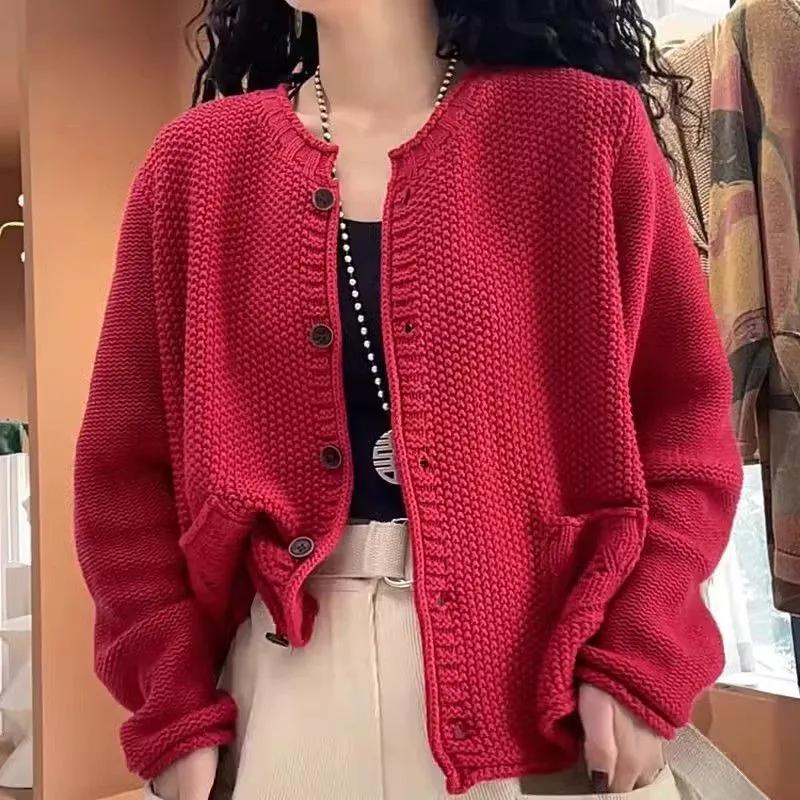 Round Neck Long-sleeved Knitted Cardigan Sweater Jacket for Women Spring Korean Style Loose and Fashionable Age-reducing Top