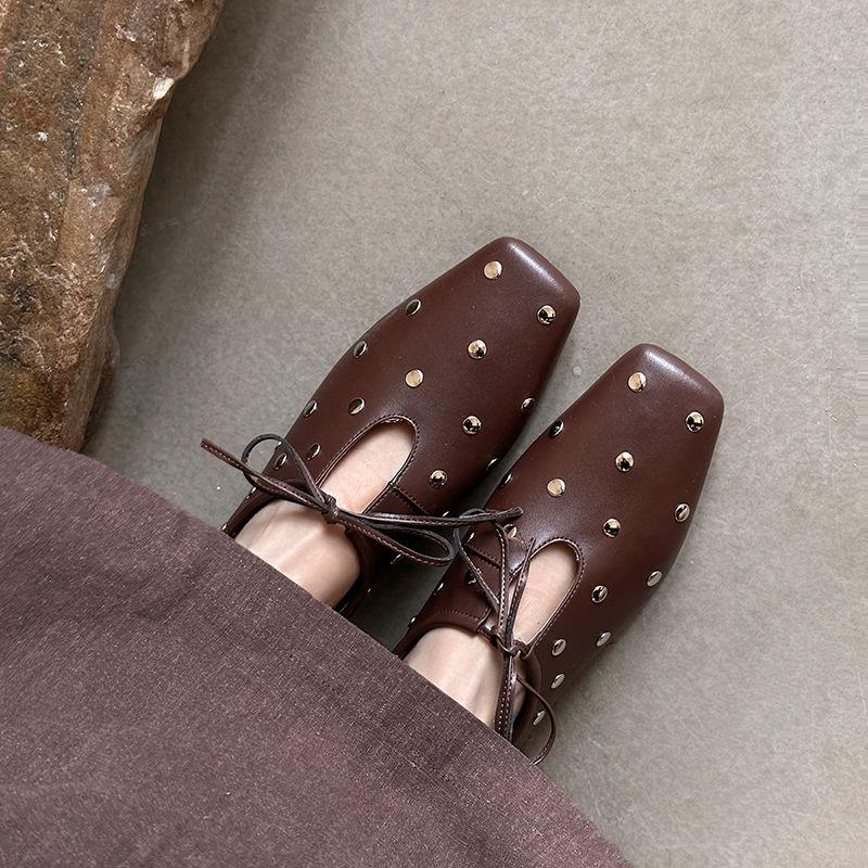 Fashion Size 34-40 Women Casual Loafers Genuine Leather Rivet Flats Shoes Thick Low Heels for Spring 2025 New Slip on Office Daily Dress
