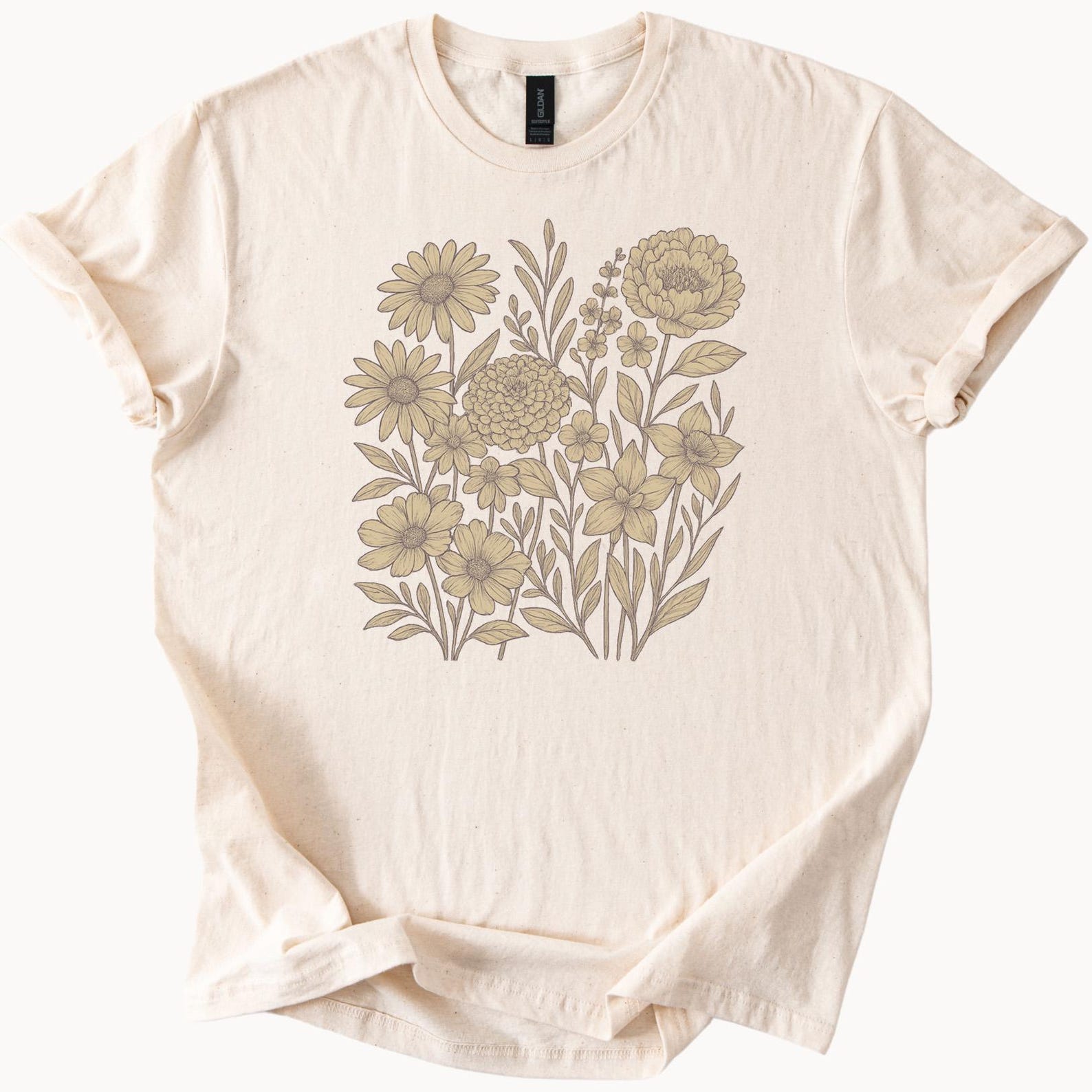 Botanical wildflowers graphic tee neutral flower shirt soft floral print cream casual t shirt 120