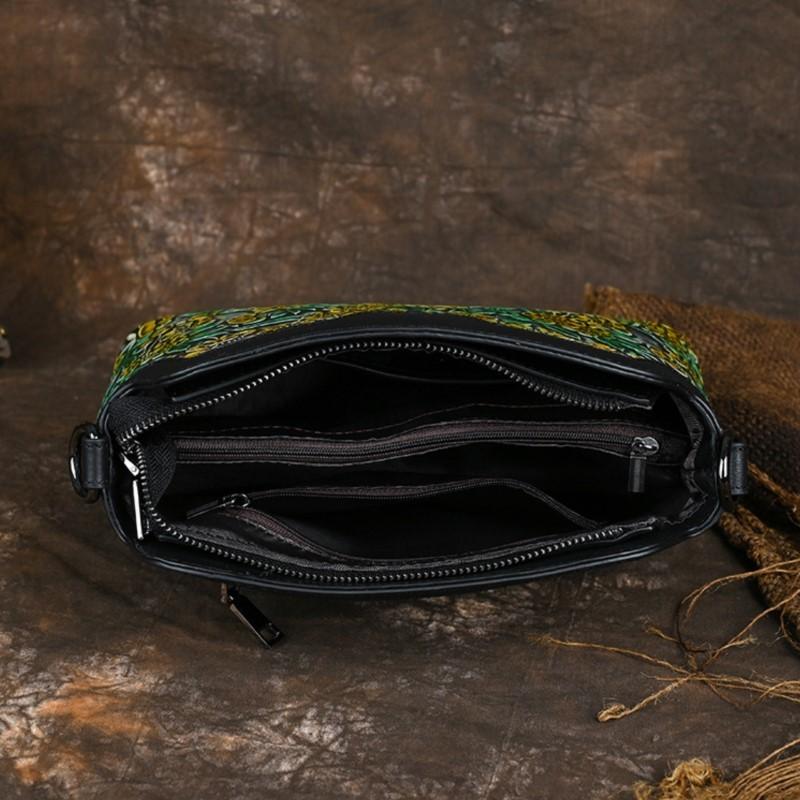 Johnature Äkta Läder Retro Präglad Damväska Mångsidig Nötskinn Handmålad Axel- & Crossbodyväska