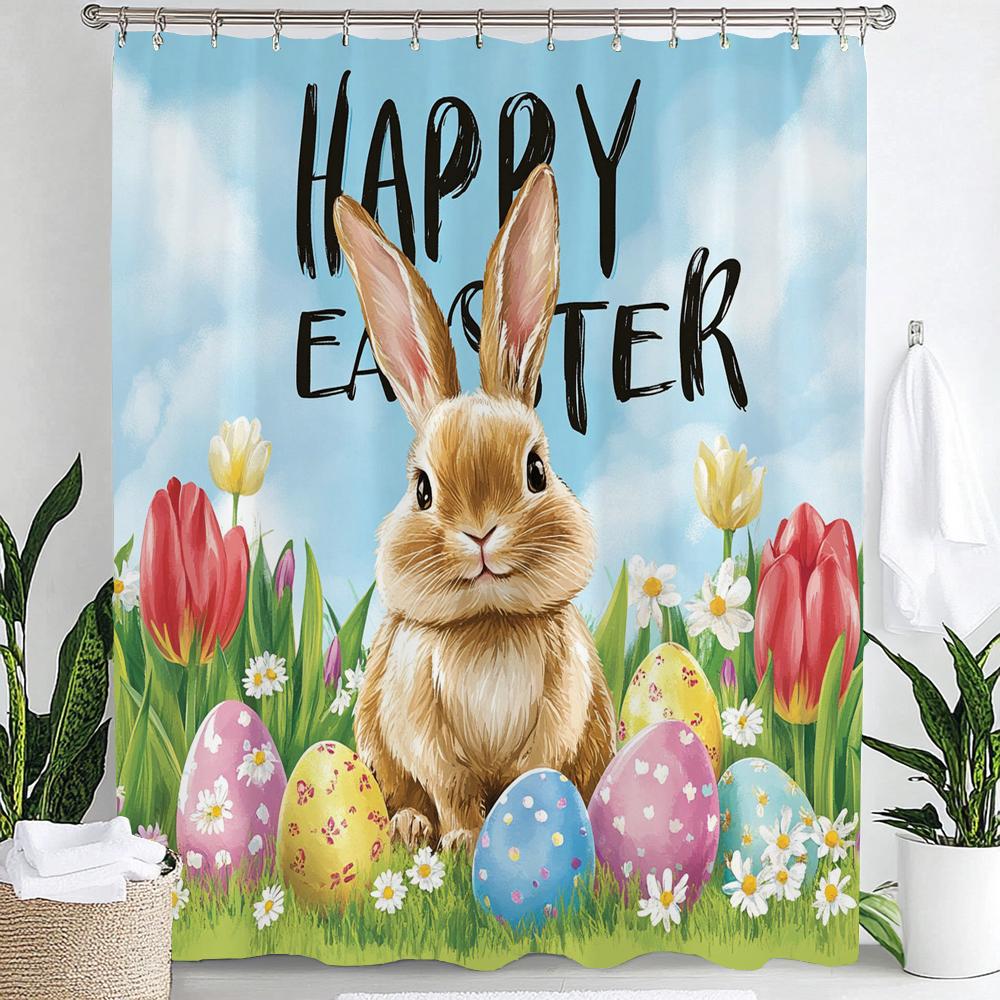 Happy Easter Bunny Eggs In Wooden Board Hole Cartoon Shower Curtain, Bathroom Decorative Shower Curtain, Home Curtain with Hooks