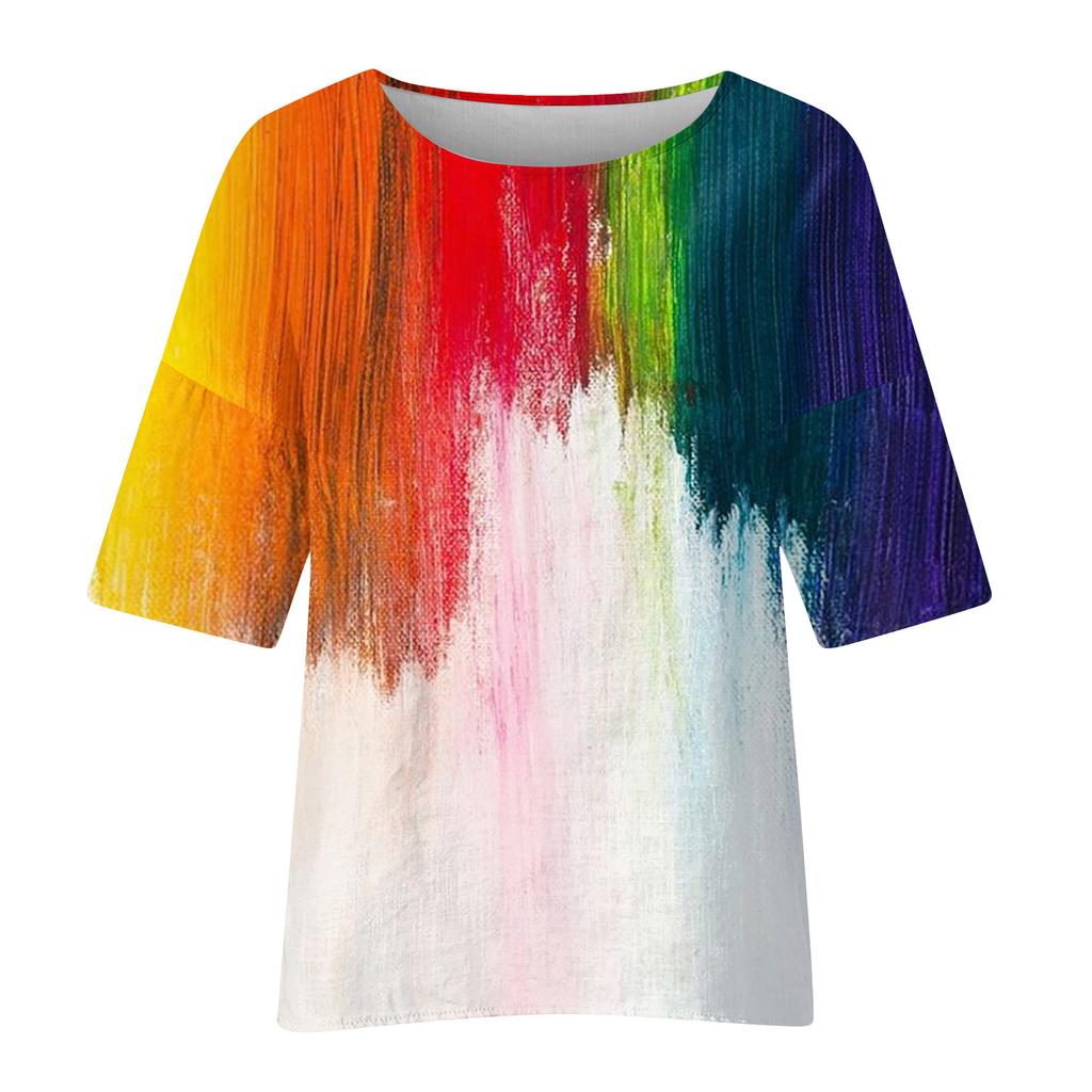 Women's Fashion Half Sleeve Round Neck Printed Loose Casual Blouse Top