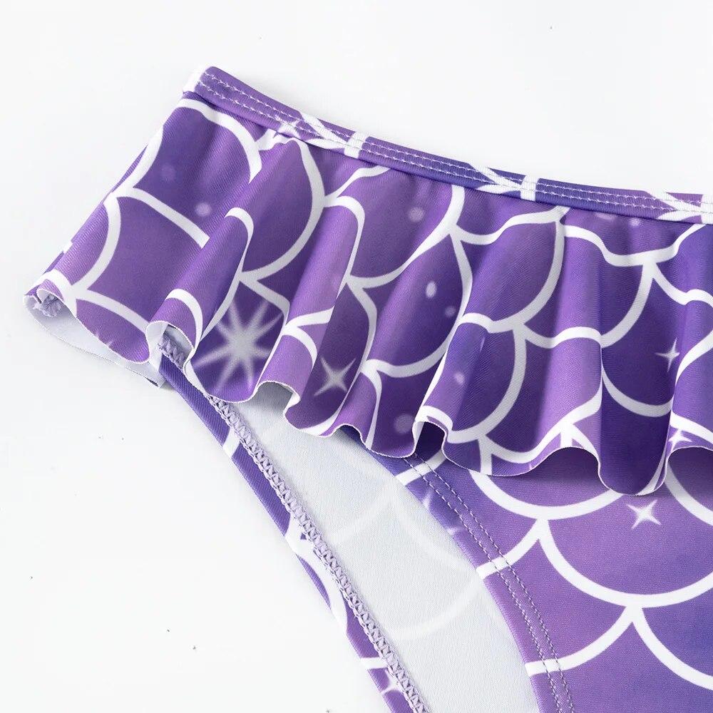 New 3Piece Girls Mermaid Swimsuit Shiny Purple Mermaid Tail Skirt and Princess Split Bikini Sets 5-14 Years Summer Beachwear