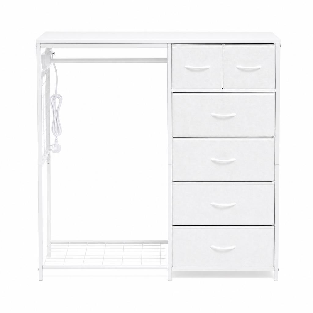 Children's Wardrobe with 6 Drawers, Clothes Rail & Socket - Multifunctional Coat Rack for Children's Room, White