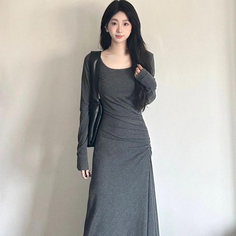 Irregular Y2k Long Dress Women High Waisted  Sleeve Solid Basics Elegant Korean Fashion Streetwear Minimalist Sexy Vintage