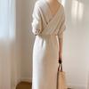 French Elegant V-neck Wool Dress, Celebrity Style, Thin In Autumn and Winter, Knitted Dress, Female