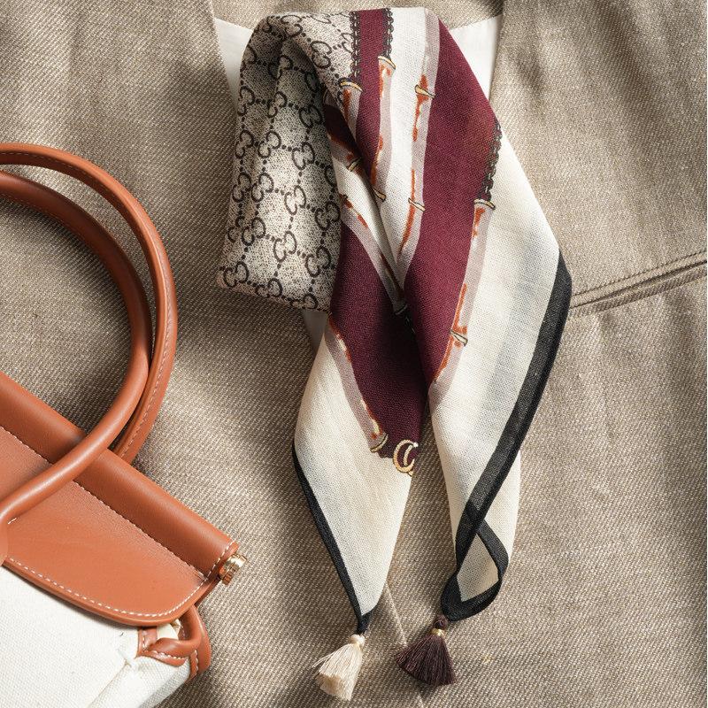 Handmade high-end retro French gemstone silk scarf women's spring and autumn thin cotton and linen small square scarf scarf double-sided scarf