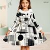 Girls Furry Trim Neck Long Sleeve Geometric Printed A Line Flared Dress With Waist Bow