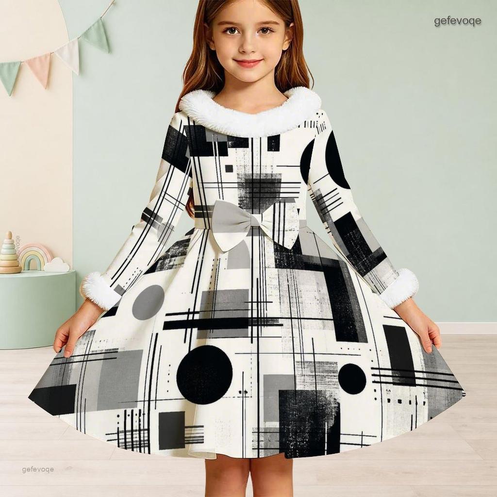 Girls Furry Trim Neck Long Sleeve Geometric Printed A Line Flared Dress With Waist Bow