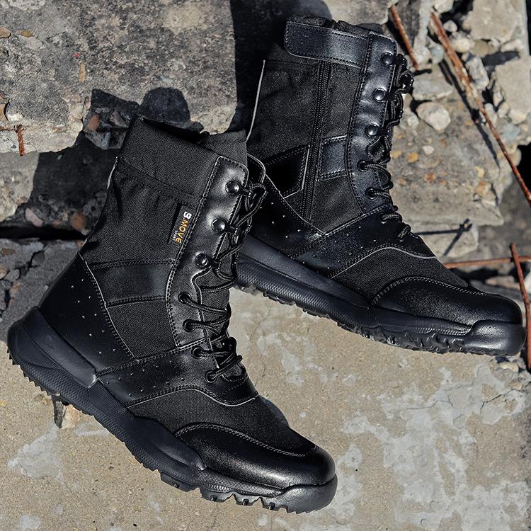 Summer Men's Breathable Combat Boots, High-Top Tactical Desert Boots with Side Zipper, Women's Outdoor Boots, One-Piece Design.