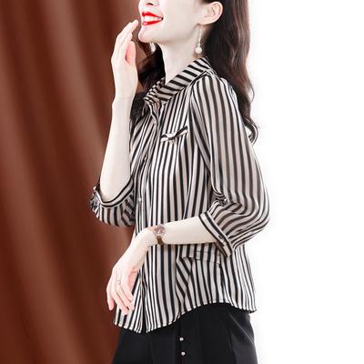 Çizgili Gömlek kadın İlkbahar Sonbahar Yeni Moda Dokuz Çeyrek Kollu Üst Polo Yaka Dip Bluz S-4XL