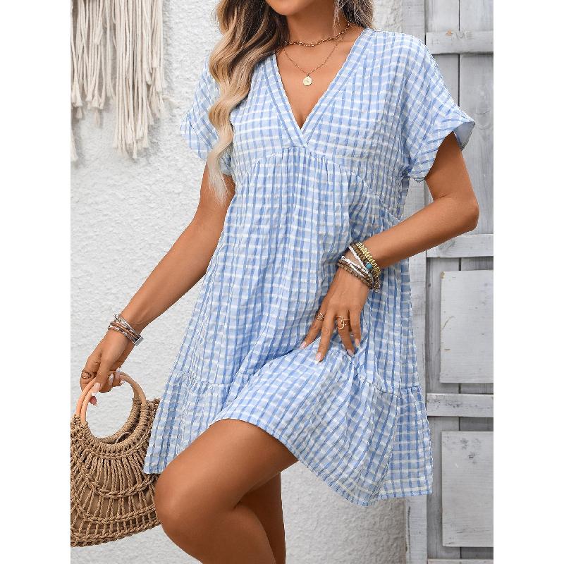 2026 Summer New Women's V-neck Loose Casual Short-sleeve Plaid Dress