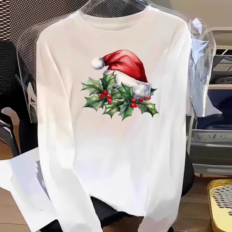 (Asian Size) holiday trend Print T Shirt Graphic Tee Women merry Christmas new year Casual Fashion Top o-neck Clothing Long Sleeve T-shirts