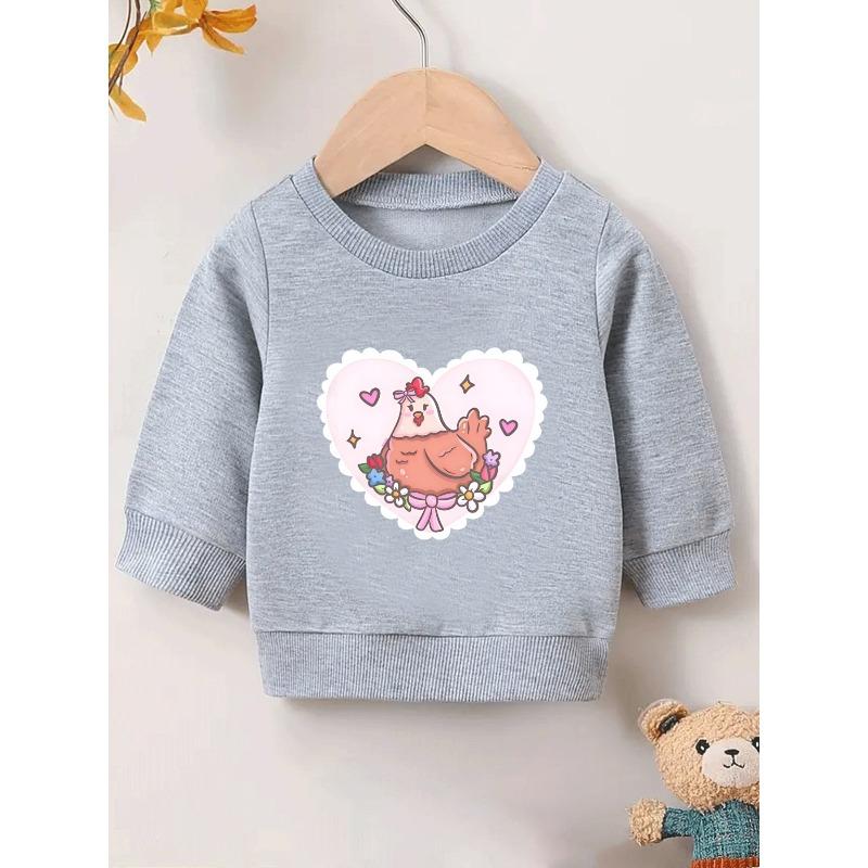 Kids Crewneck Sweatshirt, Cute Cartoon Hen in Heart Wreath Print, Soft Tone Thin Spring Top, Outdoor Baby Outfit