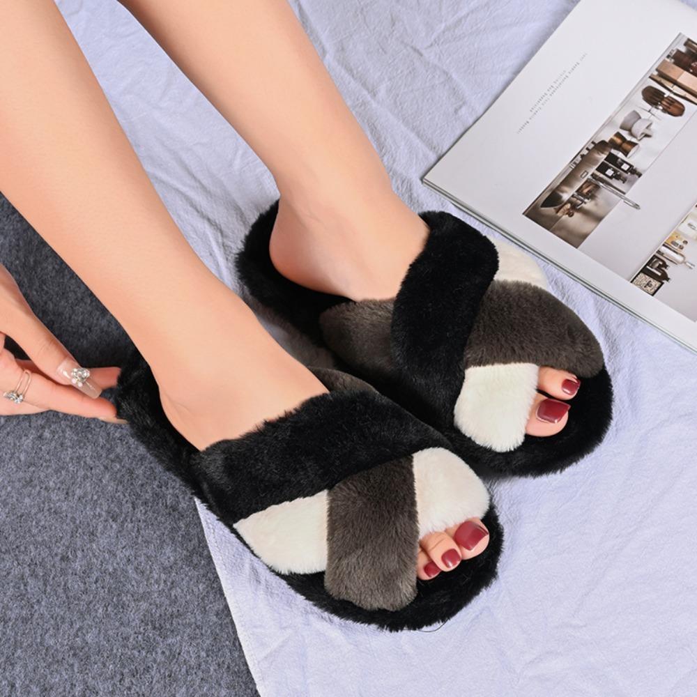 Fashion Cross Warm Fluffy Slippers Women Lightweight Flat Heels Slides Woman Autumn Winter Open Toe Comfortable Home Slippers